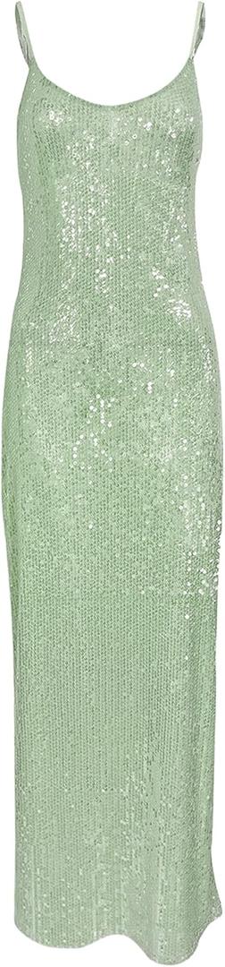 BOLLEY JOSS Women's Sequins Maxi Dress Sexy Spaghetti Strap Long Dress Sparkly Back Slit Bodycon Dresses (Medium, Light Green)