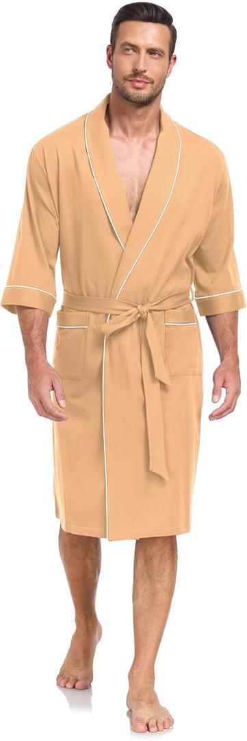 CF Men's 100% Cotton Robe Lightweight Bathrobe Summer Short Sleeve Bath Robes Soft Breathable Kimono Spa Robe with Pockets, Sandshell Large