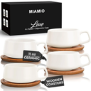 MIAMIO – 11 Oz., Set of 4 Ceramic Tea Cup and Saucer Bamboo/Tea Mug - Wide Cappuccino Cup, Coffee Cups Ceramic Mug for Cappuccino, Latte, Espresso & Americano - Luxe Collection (White)