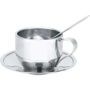 Stainless Steel Espresso Cup with Saucer and Spoon  4 oz Double Wall Insulated Demitasse Coffee Mug, Single Set for Home, Coffee Bar, Travel, Latte, Cappuccino, Milk, Tea