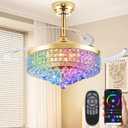 48" Bluetooth Ceiling Fan with Light and Speaker,RGB Retractable Blades Crystal Fandelier Music Player LED Chandelier 6-Speed APP Control Timer Remote Control for Bedroom Gold