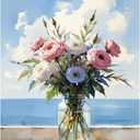 EnLvYY Paint by Numbers Kit for Adults, DIY Acrylic Painting on Canvas, Flowers in Vase with Pink & White Bouquet, Ocean View Wall Art, Beginner Gift for Friends and Family,16X20IN Framed