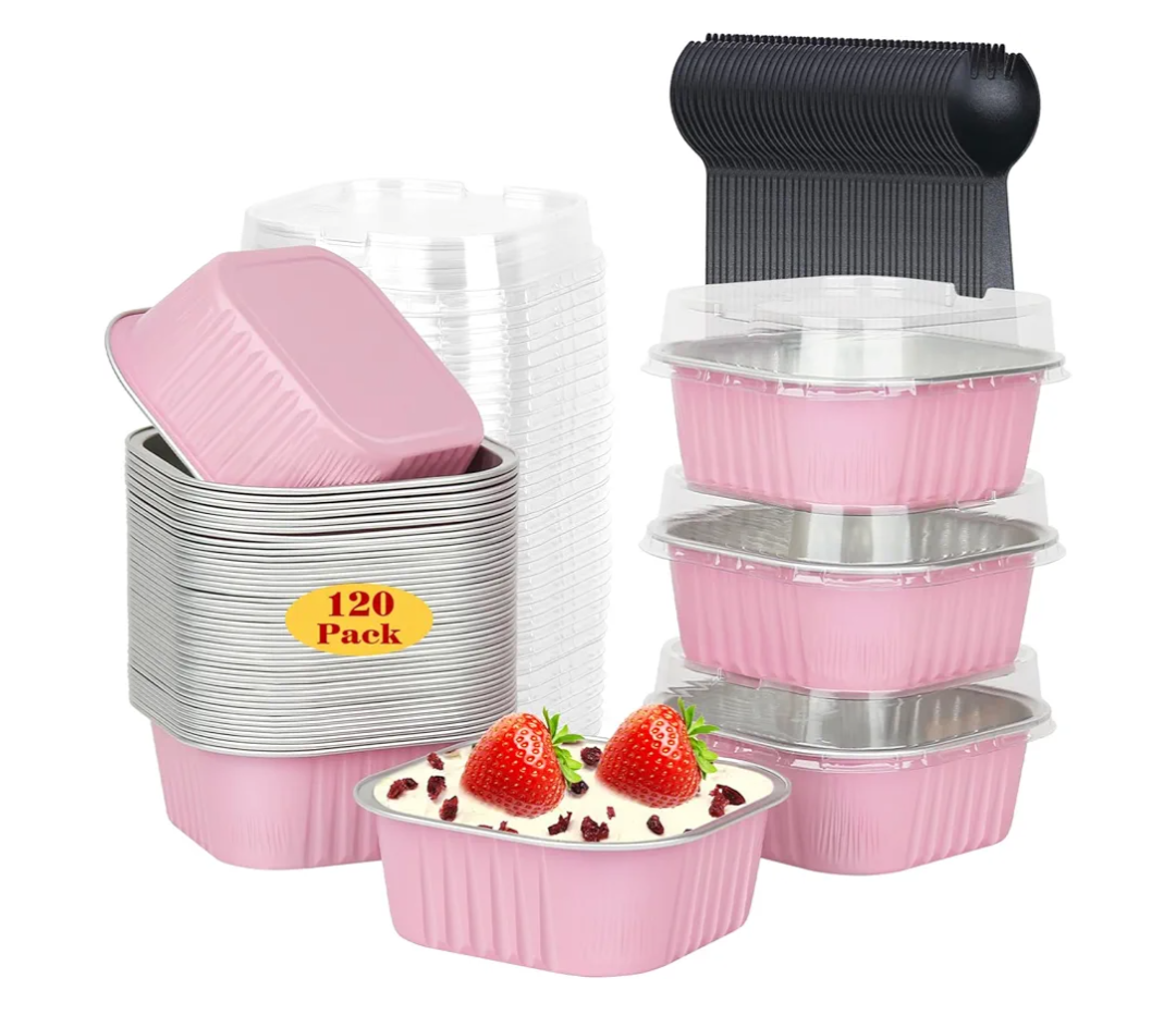 LOKQING 50 Pack Mini Cake Pans with Lids and Spoons Small Aluminum Foil Pans Square Baking Cups Disposable Ramekins Cupcake Liners for Brownie Pie (Pink, 10 oz)
