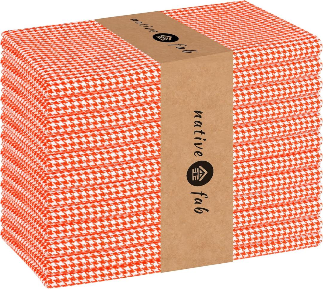 Native Fab 100% Cotton Cloth Napkins 18x18 inches, Houndstooth Dinner Napkins, Set of 12, Soft Breathable Absorbent, Machine Washable Cloth Napkins, Orange