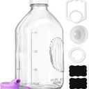 Ritayedet 64 Oz Heavy Duty Glass Milk Bottle with Reusable Airtight Strong SCREW LID - 1/2 Gallon Water Bottles with Scale Lines - 2 Qt Glass Milk Jug Pitcher - Extra Gaskets & Handle!