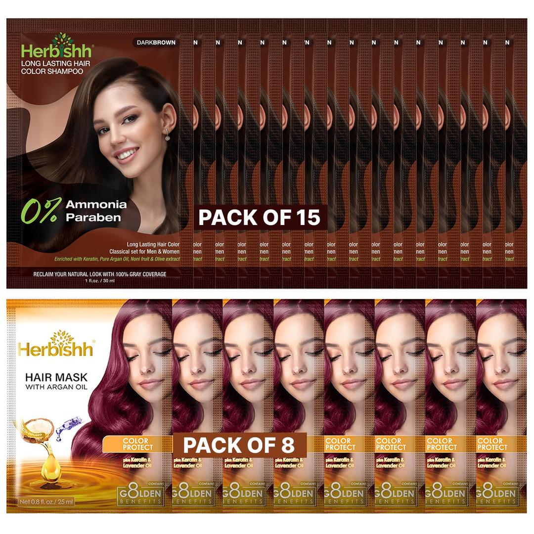 Herbishh Travel Pack Hair Dye Color Shampoo + 8pc Argan Hair Mask Sachet (Dark Brown, 15 Sachets)