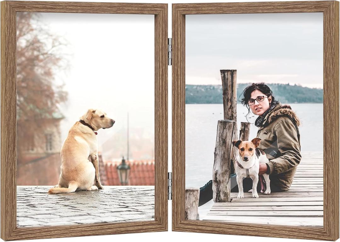 4x6 Double Picture Frame Wooden Hinged Photo Frame Definition Glass Stand Vertically on Desktop or Tabletop (Grain)