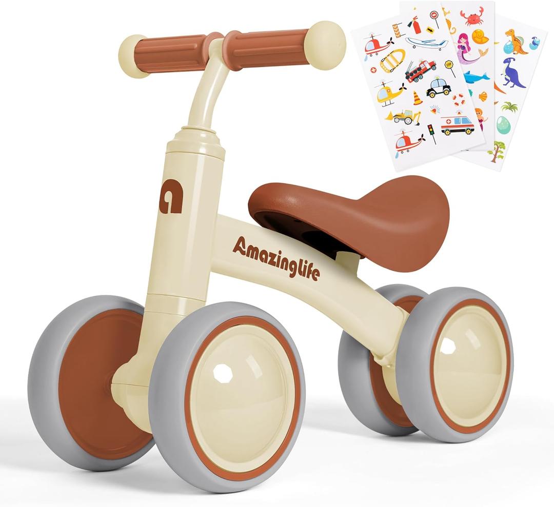 Balance Bike 1 Year Old, 10-24 Months Baby Balance Bike Toys, No Pedal Infant 4 Wheels Toddler Bike, Toddler Ride On Toys, Three Free Cartoon Stickers, First Birthday Gift for Boys Girls (Beige)