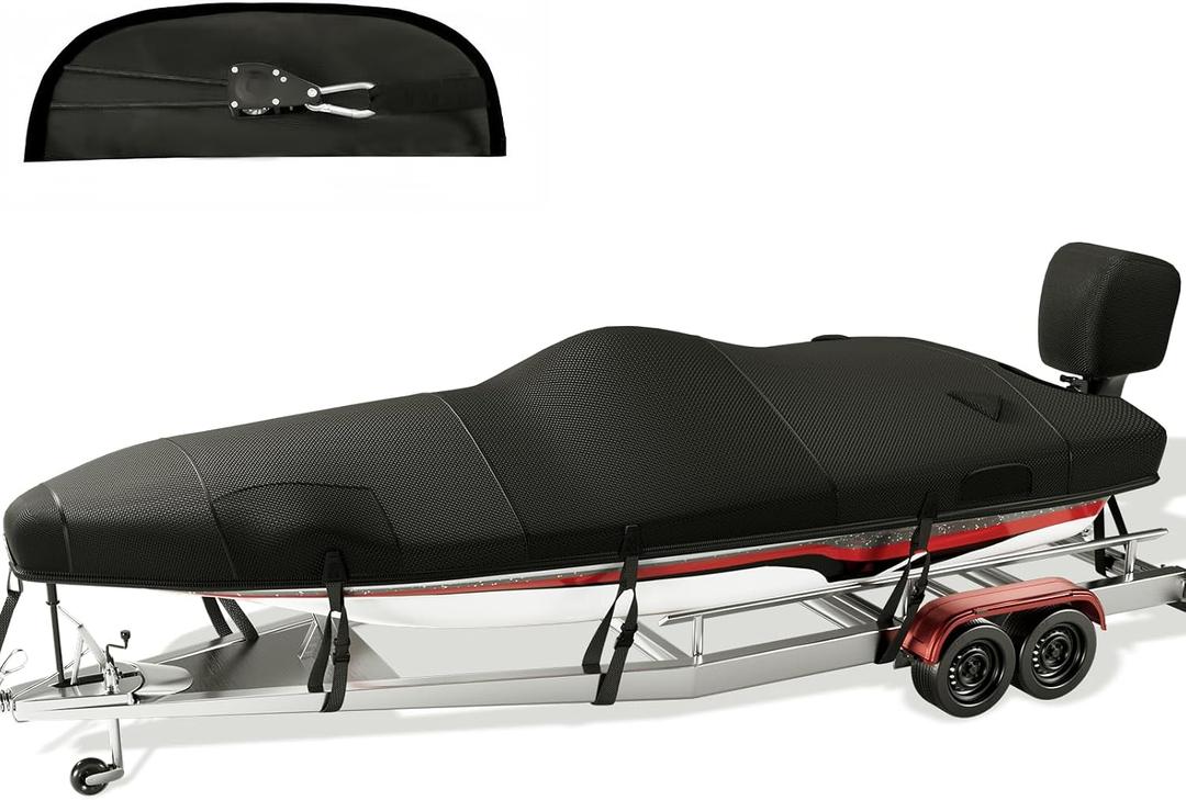 Boat Cover with Ratchet to Tighten the Hem,1200D Heavy Duty Boat Covers,16-18.5ft Hurricane-Proof Bass Boat Cover,100% Waterproof Bass Tracker Cover with Motor Cover for Mooring, Black