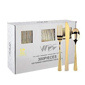WDF300 Pieces Gold Plastic Silverware - Heavy Duty Disposable Cutlery Set Plastic Gold Silverware Set Includes 100 Forks, 100 Spoons, 100 Knives for Party Baby Shower Wedding Spring