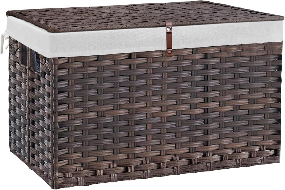 180L Wicker Storage Basket with Lid, Handwoven Rattan Large Shelf Basket with Removable Liner, 47.6 Gallon Wicker Basket for Blanket, Storage Trunk with Handle for Closet, Bedroom, Livingroom, Brown (180 L(31.5 x17.72 x 19.68 Inches))
