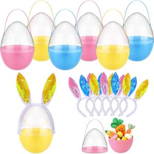 Foilswirl 6 Set 10 Inch Jumbo Easter Egg Plastic Fillable Giant Large Easter Eggs with Handles Rabbit Headband Colorful Big Egg Bucket Stuffers for DIY Hunt Decoration Party Supplies(Pure Color)