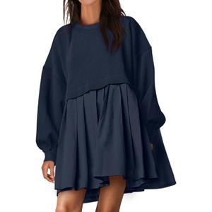 ANRABESS Women Sweatshirts Dress Oversized Long Sleeve Patchwork Casual Loose Pleated Pullover Mini Dress Fall Outfits 2025 (Small, Navy Blue)