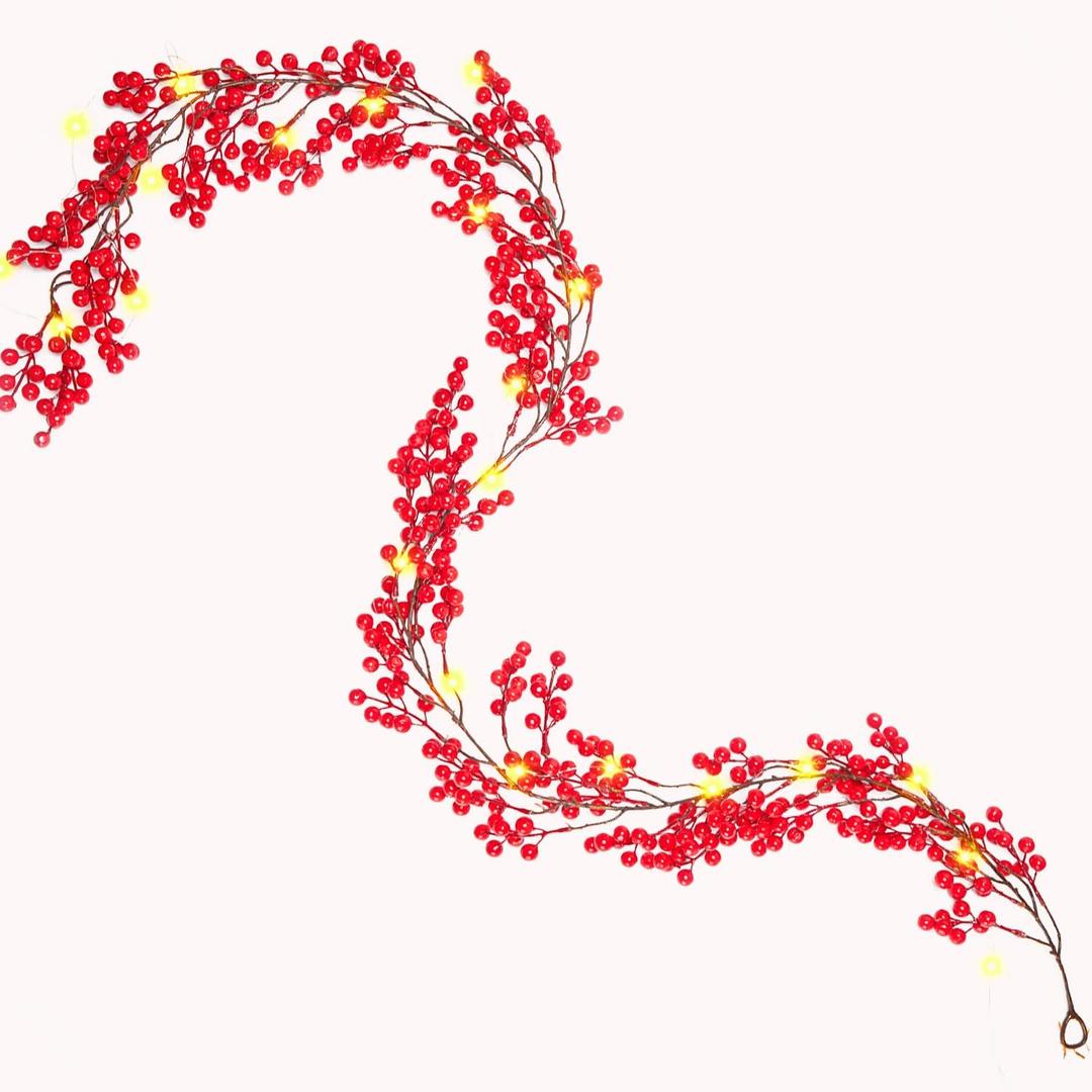 KAMJUNTAR Red Berry Garland with Lights 6.4 FT 30 LEDs Christmas Garland Artificial Lighted Berries Garland Decorations for Indoor Outdoor Home Fireplace Christmas Tree Decoration