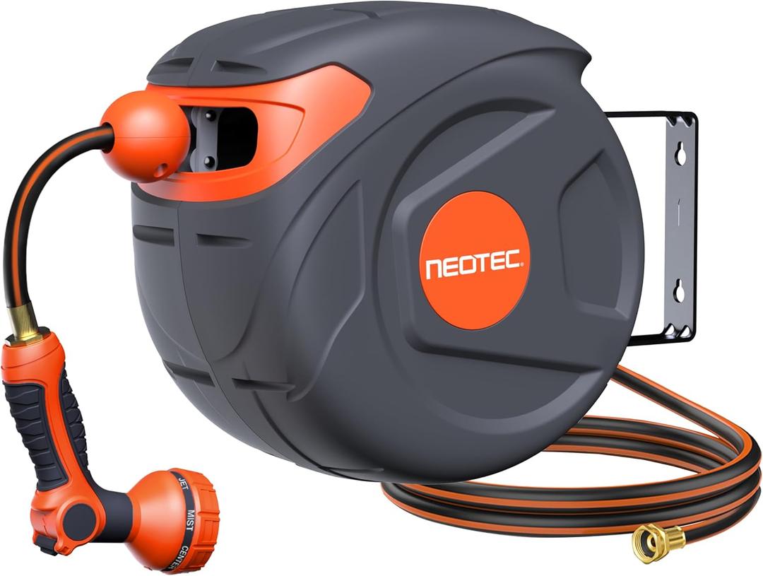 New Retractable Garden Hose Reel 1/2 inch x 50 ft Any Length Lock 9 Pattern Nozzle Wall-Mounted Automatic Slow Return 180 Swivel UV Resistant Heavy Duty Hose Reels for Outside