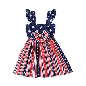 NUBEEHOHO Girls 4th of July Dress Toddler American Flag Flutter Sleeve Bowknot Sundress Baby Stars Stripes Patriotic Clothes Size 6 year