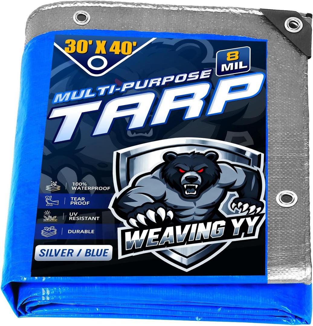 Tarps Waterproof 30'x40', 8 Mil Thick-Silver/Blue