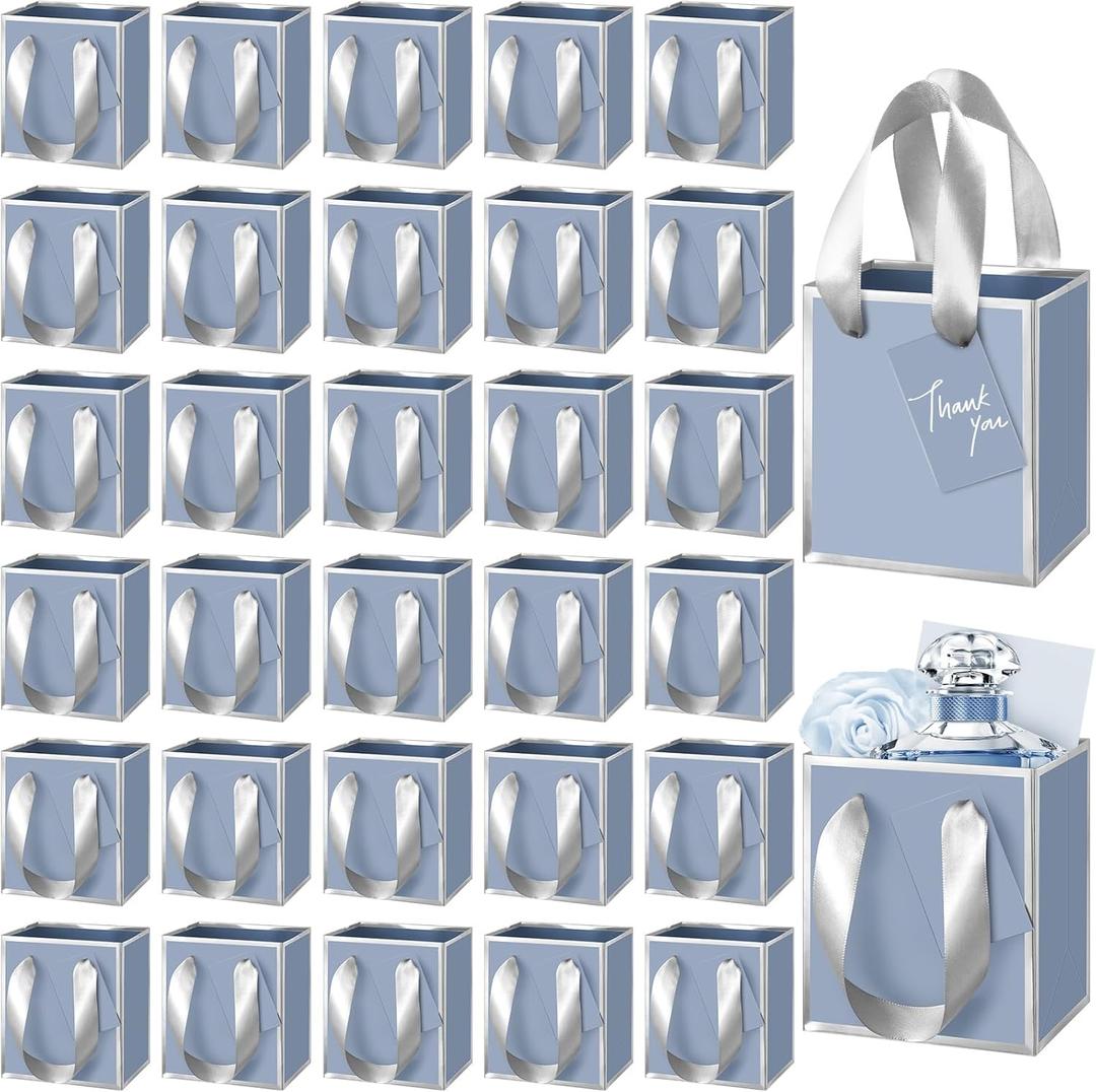 Yeaqee 50 Pcs Mini Metallic Paper Gift Bags with Handles 4x2.75x4.5'' Tiny Small Gift Bags with Thank You Tag for Wedding Graduation Birthday Party Return Gifts Jewelry Business (Dusty Blue, Silver)