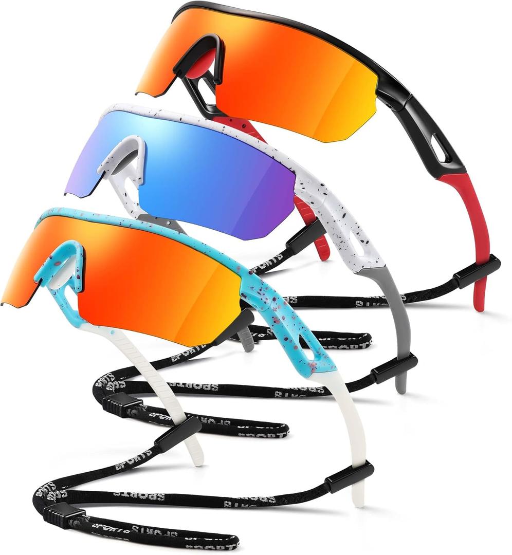 Kids Sunglasses Youth Baseball Sun Glasses Polarized Sports TR90 Lightweight UV400 Cycling Shades Frame Boys Girls (A1-black Red+white Dot+blue)