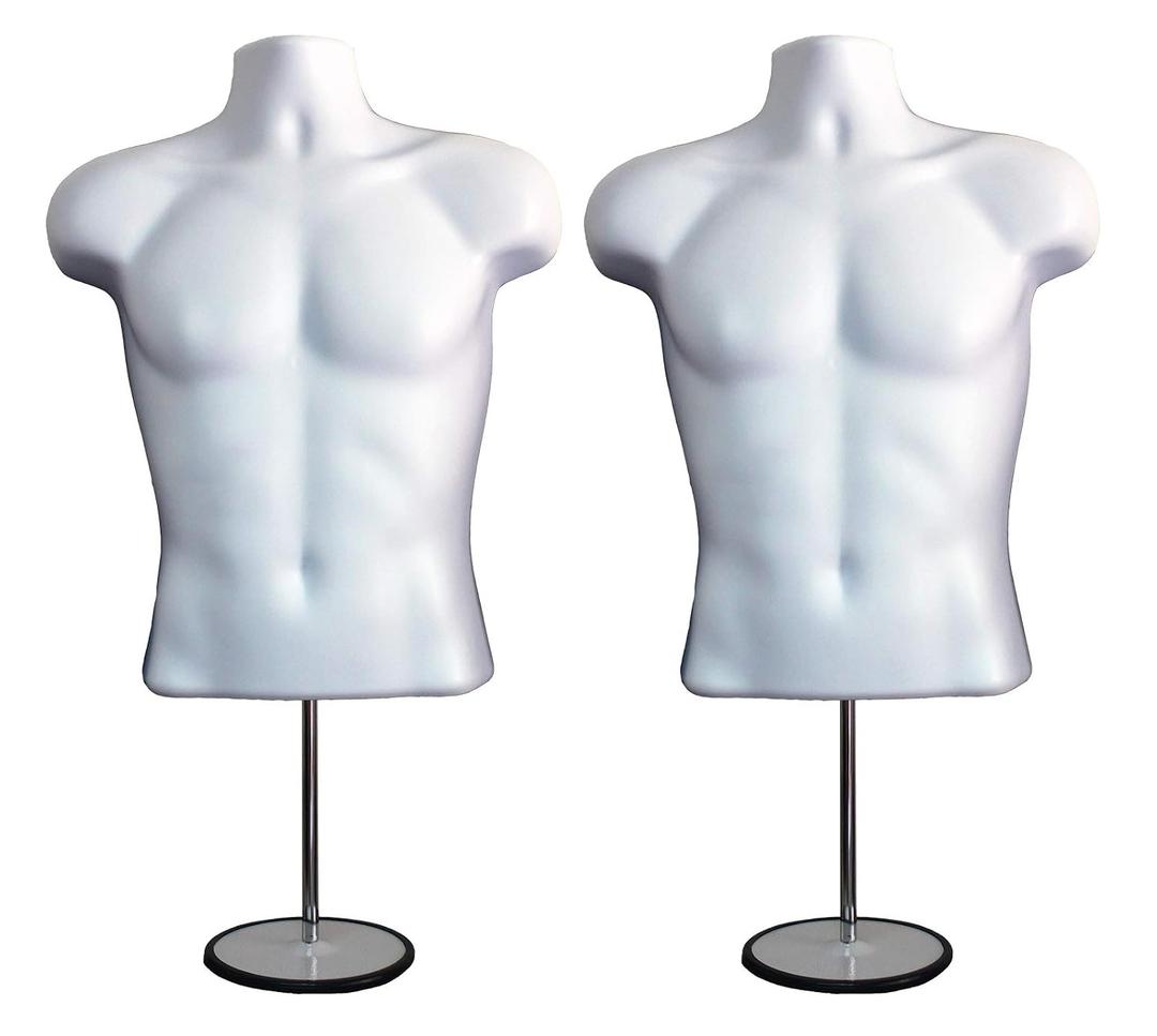 Male Mannequin Torso with Metal Stand Hollow Back Body Stackable Dress Form for Tshirt Display, Countertop, Craft Shows, Photos and Design, S-M Clothing Size (White, Set of 2)