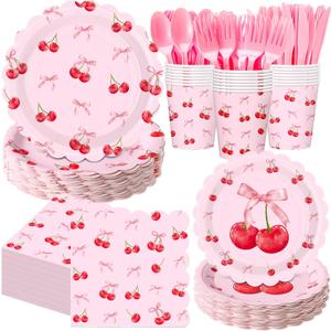 400 Pcs Cherry Birthday Party Decorations for 50 Guests, Red Pink Cherry Bow Scalloped Paper Plates Napkins Cups Cutlery for Pink Bow Coquette Baby Shower Bridal Shower Party Supply