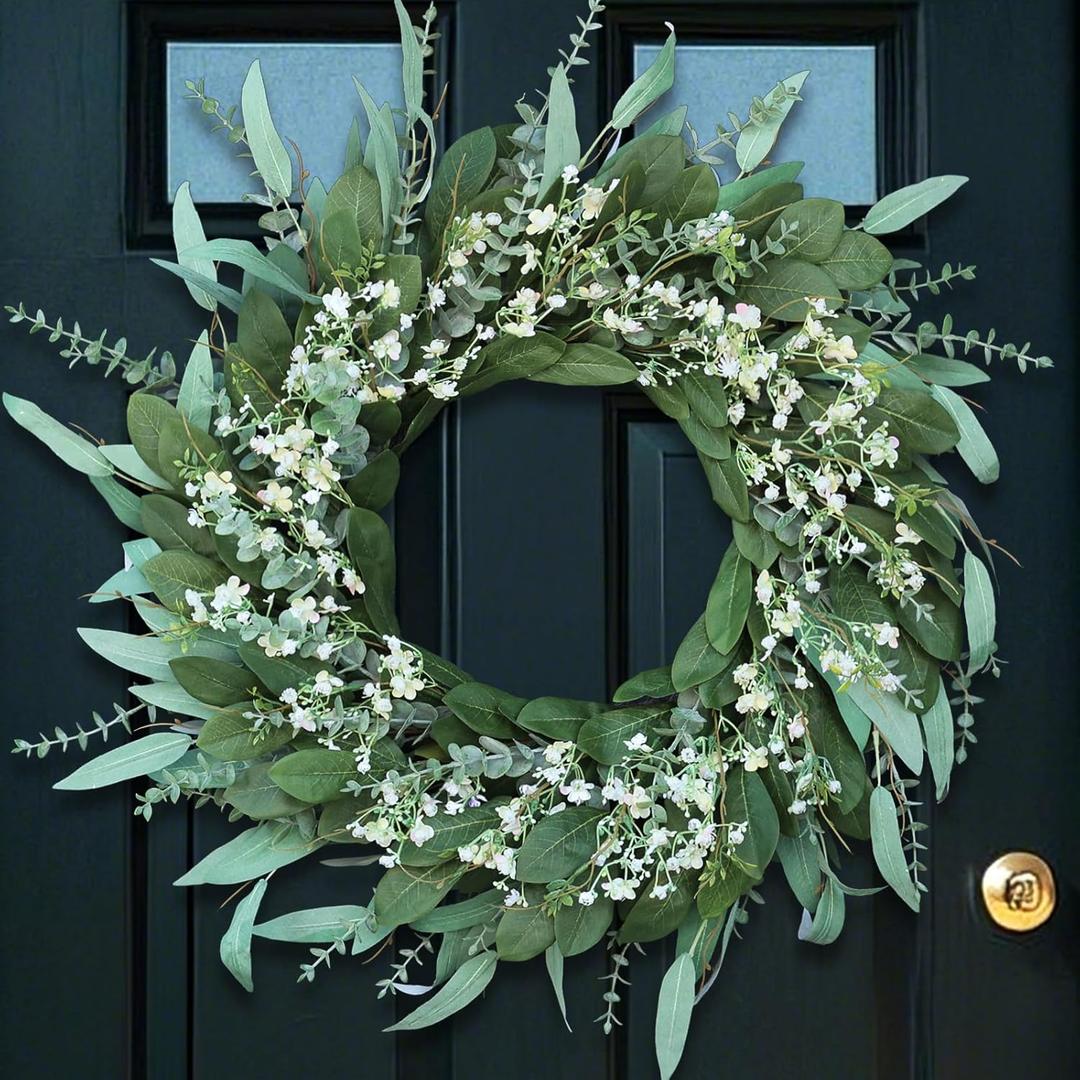 26'' Eucalyptus and Babys Breath Flowers Wreath for Front Door - Large Artificial Greenery Outdoor Wreath for Porch,Window,Farmhouse,Home,Hanging Decor- Spring, Summer, All Seasons (Green-White)