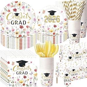Ceenna 452 Pcs Class of 2026 Gold Floral Graduation Decoration Party Supply for 50, Wildflower Congrats Grad Paper Plates Napkins Cups Tablecloth Cutlery Straw for Freshly Graduated Party Decorations