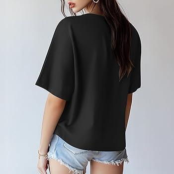 Ficerd 1 Pack Elbow Length Sleeve T-Shirt for Women, Scoop Neck 1/2 Half Sleeve 35% Cotton Top Casual Summer Loose Basic Tee(Black), XL