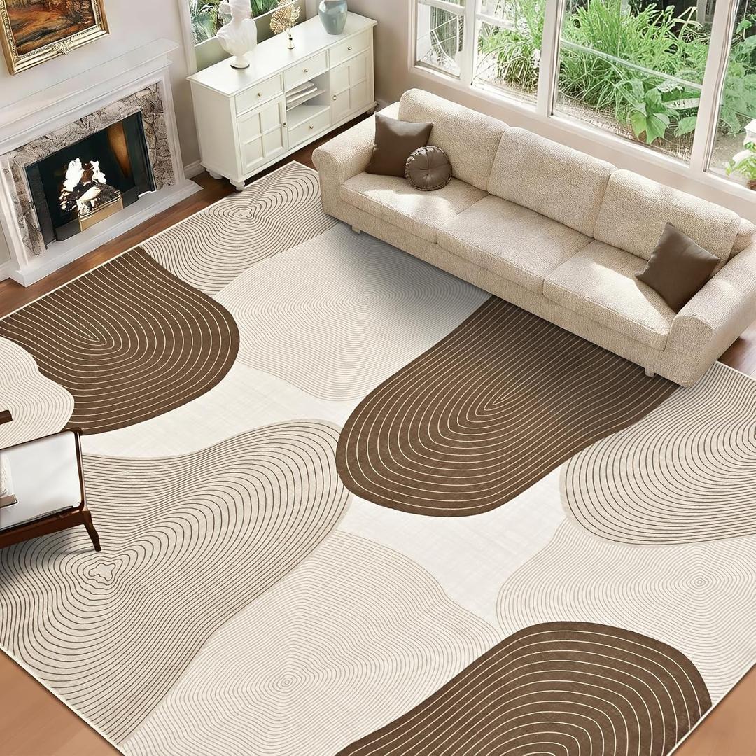 Yinhua Abstract Area Rug 8x10, Modern Washable Rugs Non Slip, Brown Living Room Rug, Soft Area Rugs Low Pile, Faux Wool Carpet for Bedroom, Dining Room, Brown