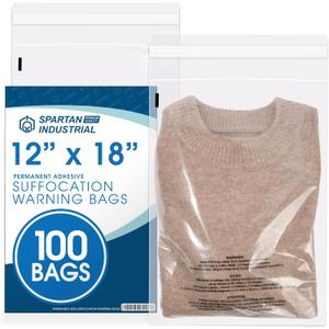 Spartan Industrial - 12” X 18” (100 Count) Self Seal Clear Poly Bags with Suffocation Warning for Packaging, Clothes - Permanent Adhesive