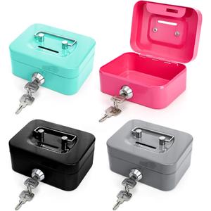 4 Pack Mini Cash Box, Small Metal Money Box with Key Lock, 4.5"L 3.3"W 2"H Durable Safe Coin Organizer Bank for Christmas New Year Gift (Green, Pink, Gray, Black)