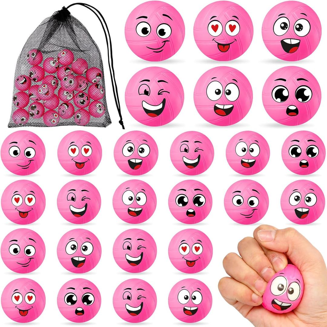 Shappy 24 Pcs Mini Volleyball Stress Balls 1.57" Foam Sports Balls with Emotion for Kids Volleyball Team Gifts with Mesh Drawstring Bag for Volleyball Party Birthday School Reward,6 Style(Pink)