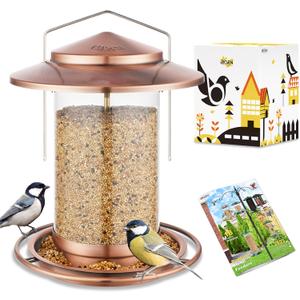 iBorn Bird Feeders for Outdoors Hanging,Metal Bird Feeders for Cardinal Chew Proof 18cm Large Roof&Tray Birdfeeders Outside Hanging,Brushed Copper 6 Port (Seed is not Included) (6Port,2.2lb,plastic tube)