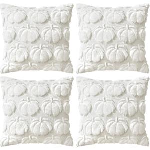 4 Pcs Fall Throw Pillow Covers 18x18, Autumn Decorations Soft Faux Fur Pillow Covers, Fluffy Plush Accent Pillow Cases for Harvest Thanksgiving Cushion Covers Sofa Home Decor(Pumpkin White)