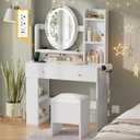 DWVO Vanity Desk with Mirror and Lights, Makeup Vanity Table Set with Power Outlets and Chair, 3 Lighting Colors, Makeup Desk with 2 Drawer and Lots Storage Shelves, White Dressing Table for Bedroom
