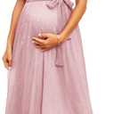 2025 Maternity Sparkly Mesh Maxi Flowy Dress with Belt Ruffle Sleeves Pregnant Long Dress Baby Shower Photoshoot Formal (XX-Large, Light Pink)