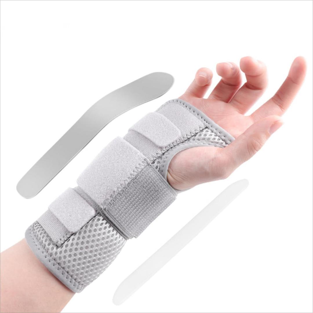 Carpal Tunnel Wrist Brace, Ergonomic Night Support Hand Brace with 1 Rigid Metal Splint and 1 Flexible Plastic Splint for Arthritis & Tendonitis Relief, Hand Splint Stabilizer for Men Women (Right Hand, Gray, Medium)