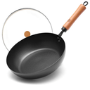 WANGYUANJI 11Inch Carbon Steel Frying Pan with Beech Wooden Handle & Glass Lid  Physical NonStick, NonCoating Skillet for Induction, Sautéing, Frying, StirFrying