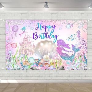 Avezano Mermaid Happy Birthday Backdrop Under The Sea Birthday Party Decorations Little Mermaid Backdrop for Girls Ocean Theme Bday Party Decor