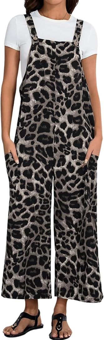 OYOANGLE Women's Leopard Print Strap Bib Overalls Sleeveless Straight Leg Long Jumpsuits with Pocket (Large, Grey) OYOANGLE Women's Leopard Print Strap Bib Overalls Sleeveless Straight Leg Long Jumpsuits with Pocket (Large, Grey)