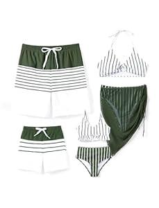 PATPAT Family Matching Summer Swimsuits: Father and Son Matching Swim Trunks Striped Print Matching Bathing Suits - Green Striped, Men, M