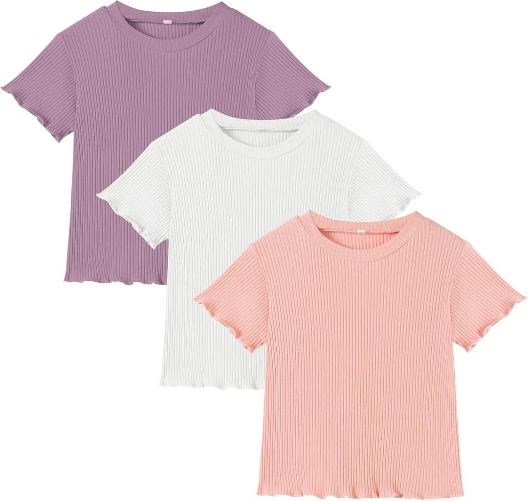 3 Pack Toddler Girl T-Shirts Ruffle Short Sleeve Baby Girls Top Basic Solid Ribbed Knite Casual Tees for Little Kid (18-24 Months, Purple/White/Pink)