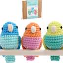 HOUSE CREATIVITY Crochet Kit for Beginners, Make 3 Mini Budgie Birds, Amigurumi Crochet Starter Kit with Step-by-Step Video Tutorial, Yarn, Hook, Eyes & Stuffing, DIY Craft Kit Gift for Adults