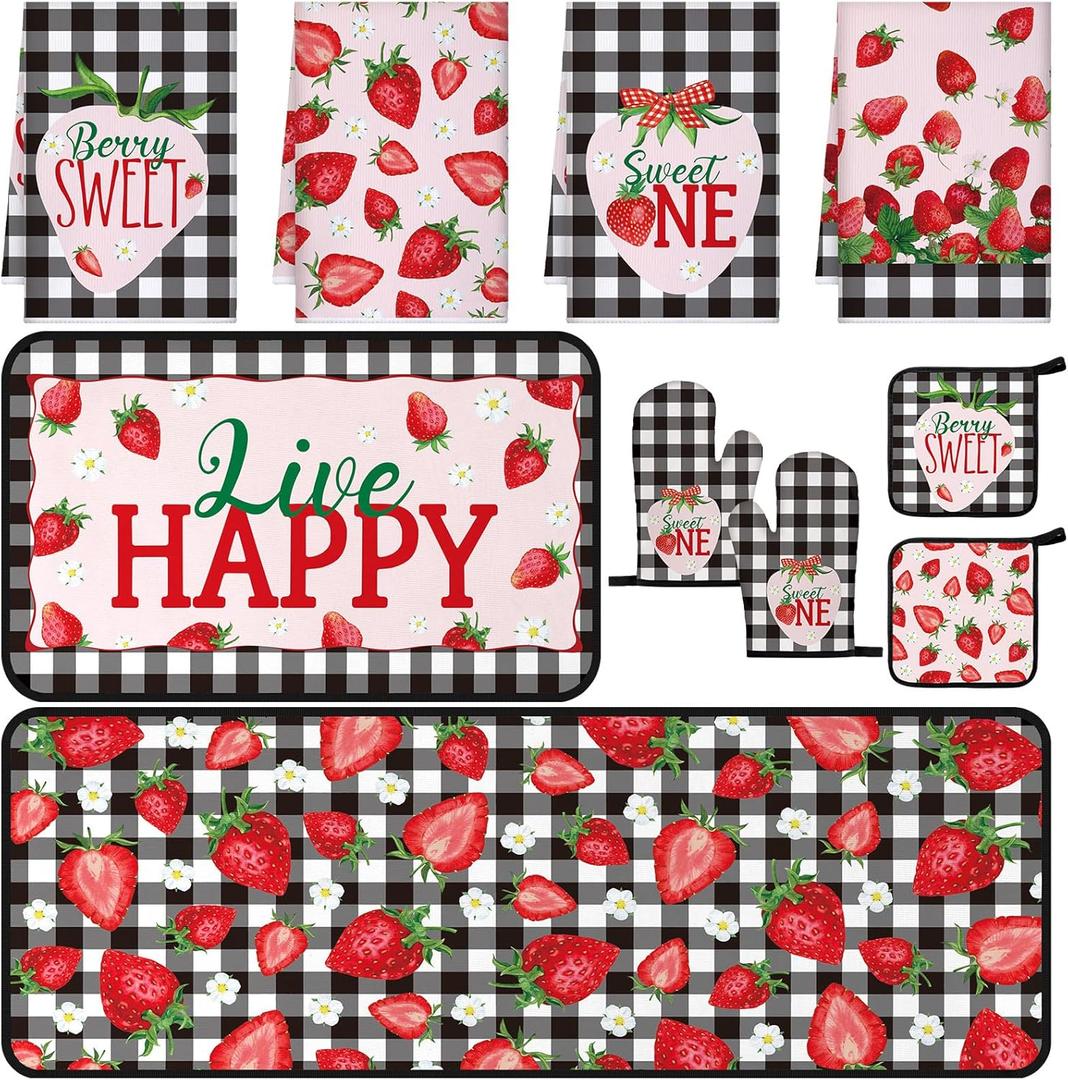 Fourluoo 10 Pcs Strawberry Farmhouse Kitchen Decor Set Dish Towels Kitchen Rugs Oven Mitts and Pot Holders Set for Cooking Baking Grilling Women Mom Daughter Gift (Mixed Color)