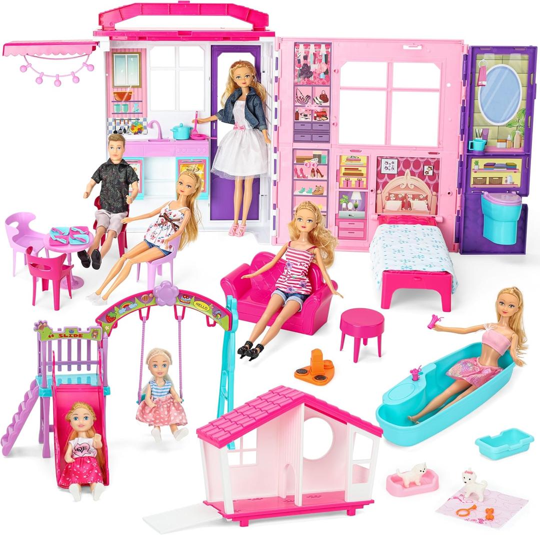 Doll House Portable & Foldable Dollhouse w/ 60+ Pcs & 2 Dolls, Play House Toy with Bedroom Bathroom Kitchen Furniture Playset, Playhouse Birthday Gift for Girl Kid Toddler (1-Story House)