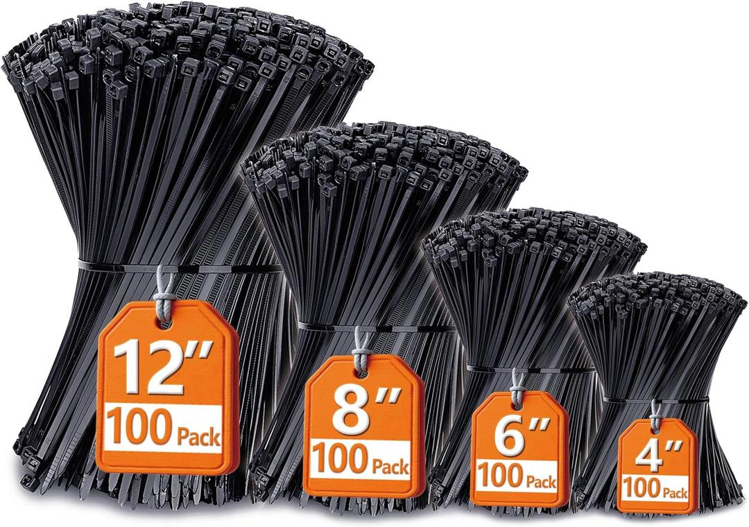 Zip Ties Assorted Sizes(4+6+8+12), 400 Pack, Black Cable Ties, UV Resistant Wire Ties by ANOSON