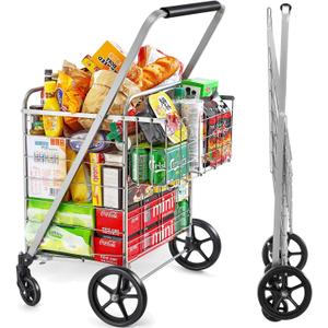 Wellmax Folding Grocery Cart with Wheels, Heavy Duty Metal Utility Cart with Mesh Bottom, Extra Rear Basket, 160 lb Capacity, Dual Swivel Wheels, Foldable Trolley for Groceries & Laundry