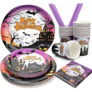 2 x Halloween Paper Plates, Halloween Party Plates and Cups With Straws, Disposable Tableware Party Supplies, Serve for 25 Guests, Spooky Pumpkin Bat Castle, 125 PCS