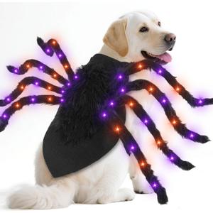 Camlinbo 24 LED Spider Dog Halloween Costume for Small Medium Large Dogs, Furry Giant Spider with Orange Purple Lights Puppy Pet Costume Outfits Clothes Funny Halloween Costume Party Cosplay, Size: X-Large