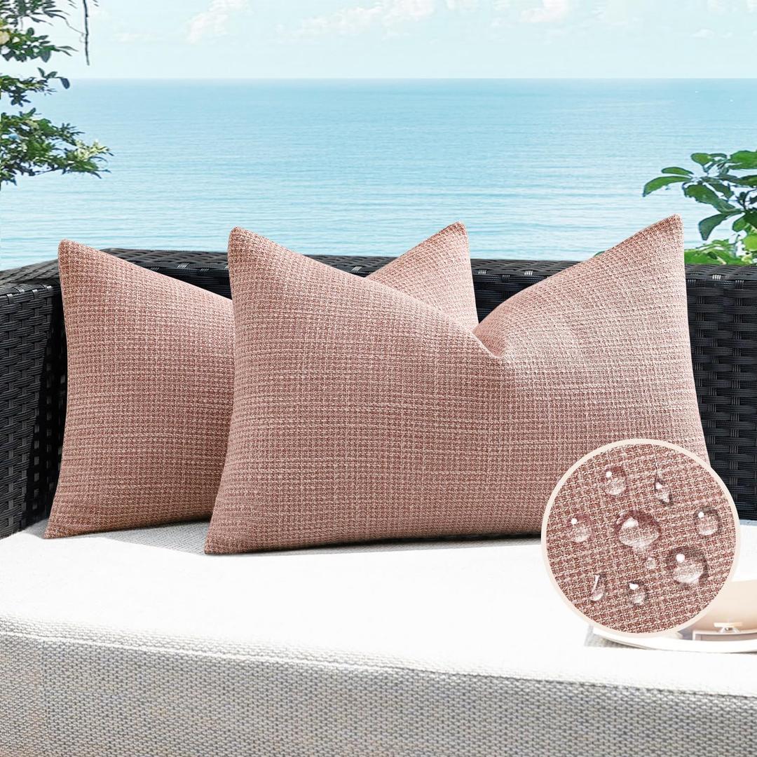 Artscope Outdoor Waterproof Throw Pillow Covers 12x20 Inch Decorative Linen Outdoor Pillows Cushion Case for Patio Couch Sofa - Pink